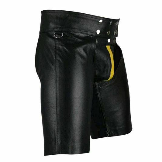 Pantalones cortos de cuero de vaca auténtico negros para hombre, pantalones cortos de cuero con raya amarilla