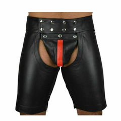 Pantalones cortos tipo zahones de cuero de vaca auténtico para hombre con raya roja