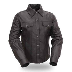 A black leather shirt with a button-down front, pointed collar, and two chest flap pockets, shown on a white background.