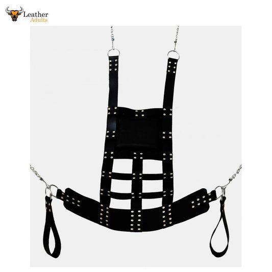 A black leather web sex swing sling with stirrups and a soft leather cushion. The sling is in a trapezoid shape, featuring a series of rivets for attachment and suspension straps for chain or rope play.