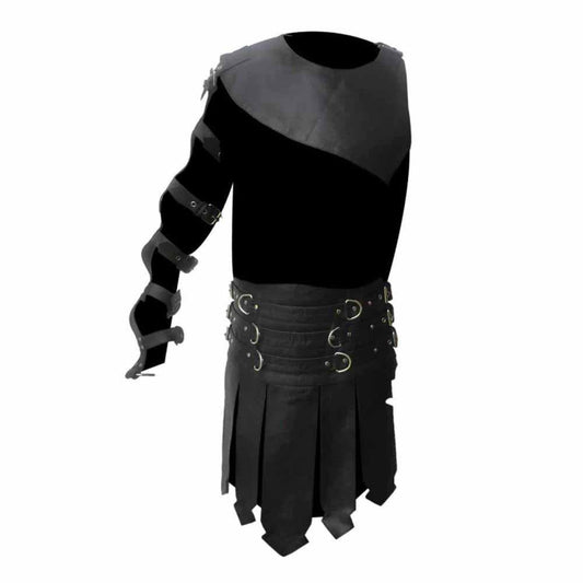 Conjunto de falda escocesa de gladiador romano de cuero negro para hombre – K3 -BLK