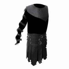 Conjunto de falda escocesa de gladiador romano de cuero negro para hombre – K3 -BLK