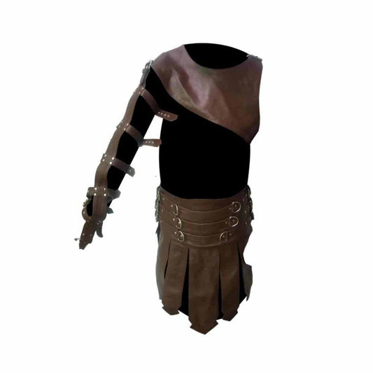 Conjunto de falda escocesa de gladiador romano de cuero marrón para hombre - K3