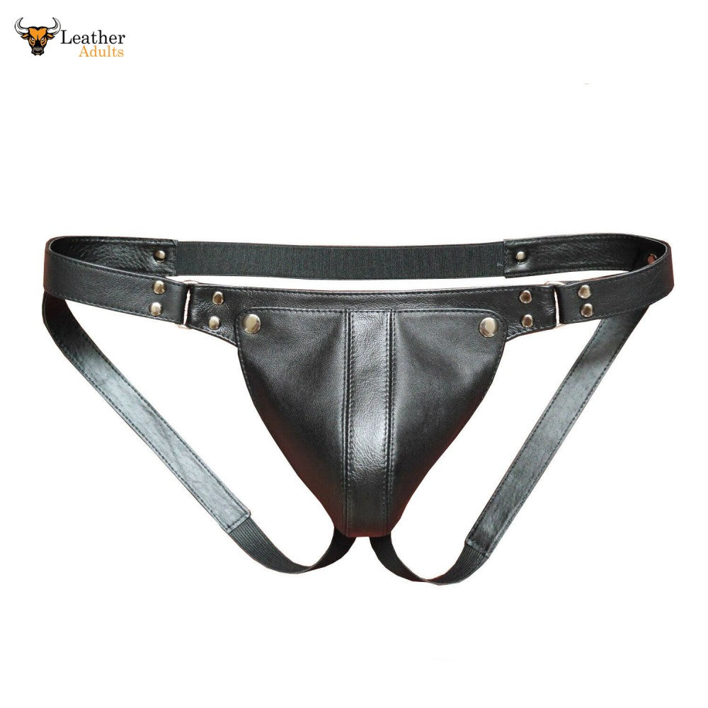 Black leather jockstrap with a central pouch and adjustable straps, designed for a snug fit.