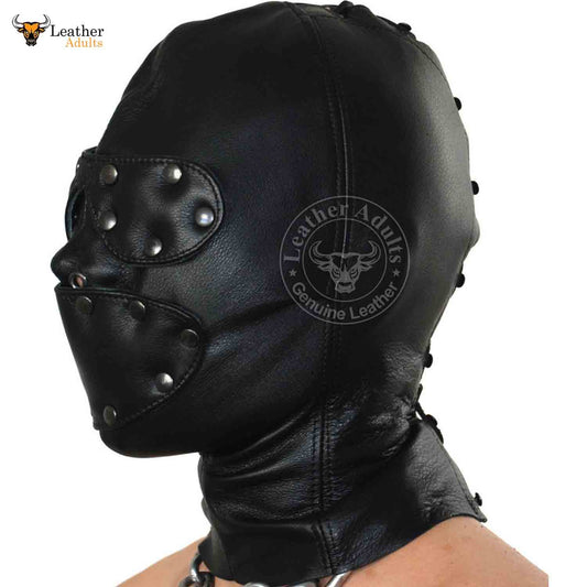 Capucha BDSM de cuero suave negro unisex con ojos sensoriales desmontables y cierre de cordones en la boca