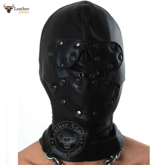 A black soft leather unisex hood with sensory detachable eyes and mouth laced closure.