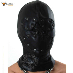 A black soft leather unisex hood with sensory detachable eyes and mouth laced closure.