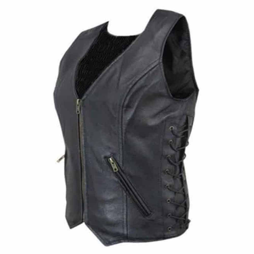 Chaleco de Piel Suave para Mujer con Cordones Laterales Detallados Estilo Motero W3