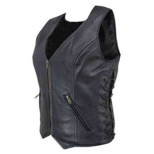 Chaleco de Piel Suave para Mujer con Cordones Laterales Detallados Estilo Motero W3