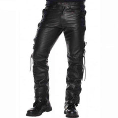 Black leather pants with lace-up details on a white background