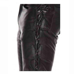 Pantalones de cuero negro de piel de vacuno para hombre, pantalones de moto con cordones, pantalones vaqueros