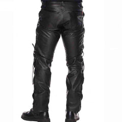 Pantalones de cuero negro de piel de vacuno para hombre, pantalones de moto con cordones, pantalones vaqueros