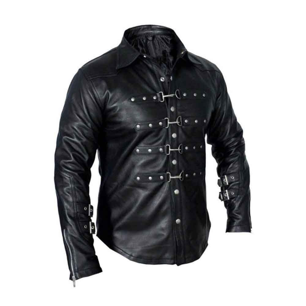 Camisa Steampunk de Cuero de Cordero Negro para Hombre, Uniforme de Policía, Bluf Gay, Mangas Largas