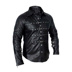 Camisa Steampunk de Cuero de Cordero Negro para Hombre, Uniforme de Policía, Bluf Gay, Mangas Largas