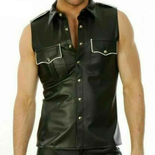 Camisa de policía sin mangas de cuero de cordero negro para hombre con ribetes blancos, fetiche BLUF