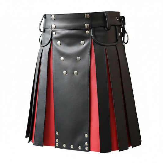 Kilt utilitario gladiador plisado de cuero auténtico negro y rojo para hombre con envoltura de bolsillo plano delantero