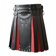 Kilt utilitario gladiador plisado de cuero auténtico negro y rojo para hombre con envoltura de bolsillo plano delantero
