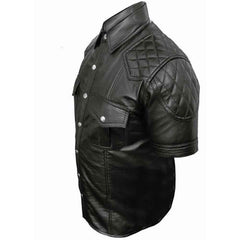 Men's Black Real Lambskin Leather Police Military Style Quilted Bluf Shirt