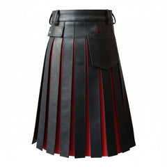 Kilt utilitario gladiador plisado de cuero auténtico negro y rojo para hombre con envoltura de bolsillo plano delantero