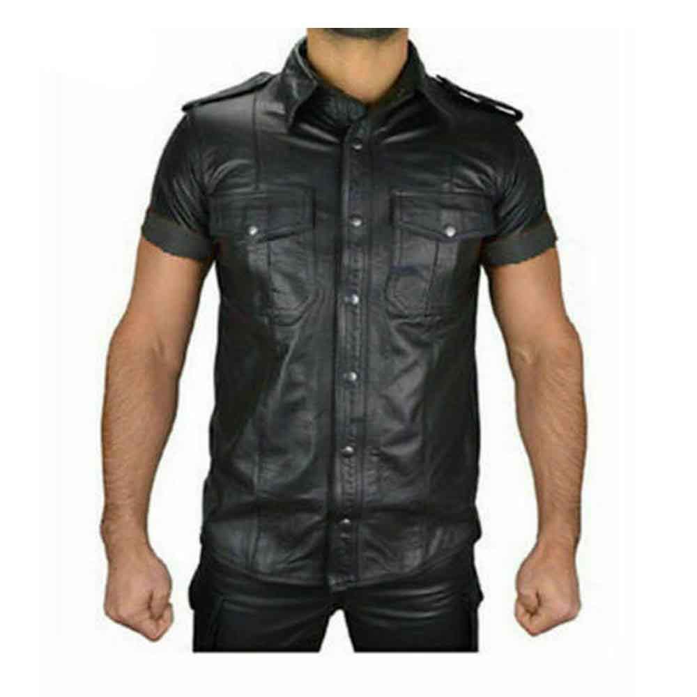 Camisa de uniforme de policía caliente para hombre, de cuero de cordero suave y genuino, todas las tallas, gay