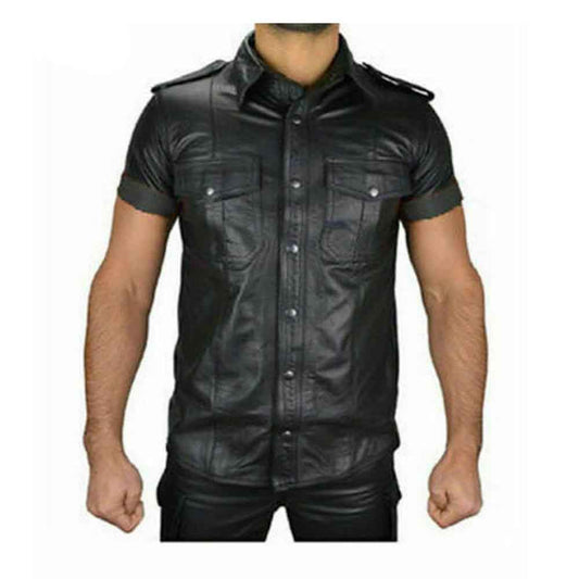 Camisa de uniforme de policía caliente para hombre, de cuero de cordero suave y genuino, todas las tallas, gay