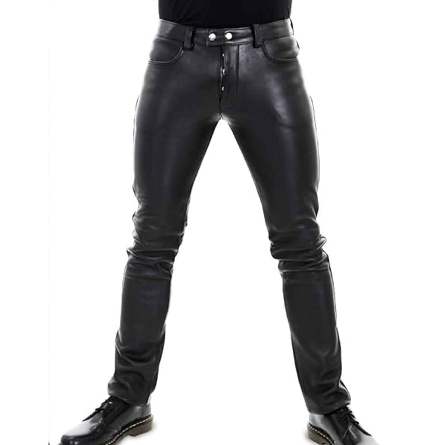 Black leather slim-fit jeans shown on a model from the waist down, paired with black leather boots against a white background.