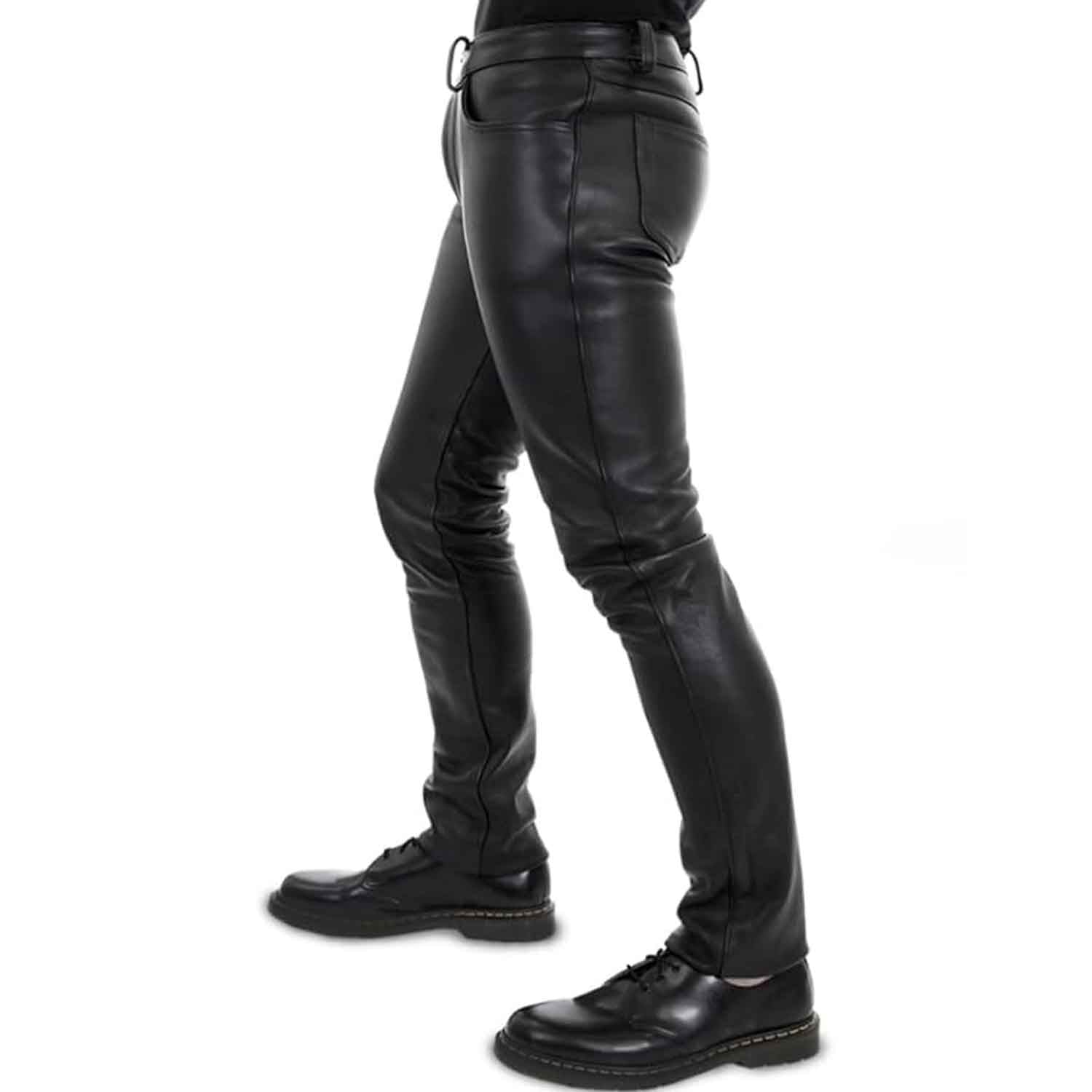 Black leather slim-fit pants shown on a model from the waist down, paired with black leather boots, against a plain white background.