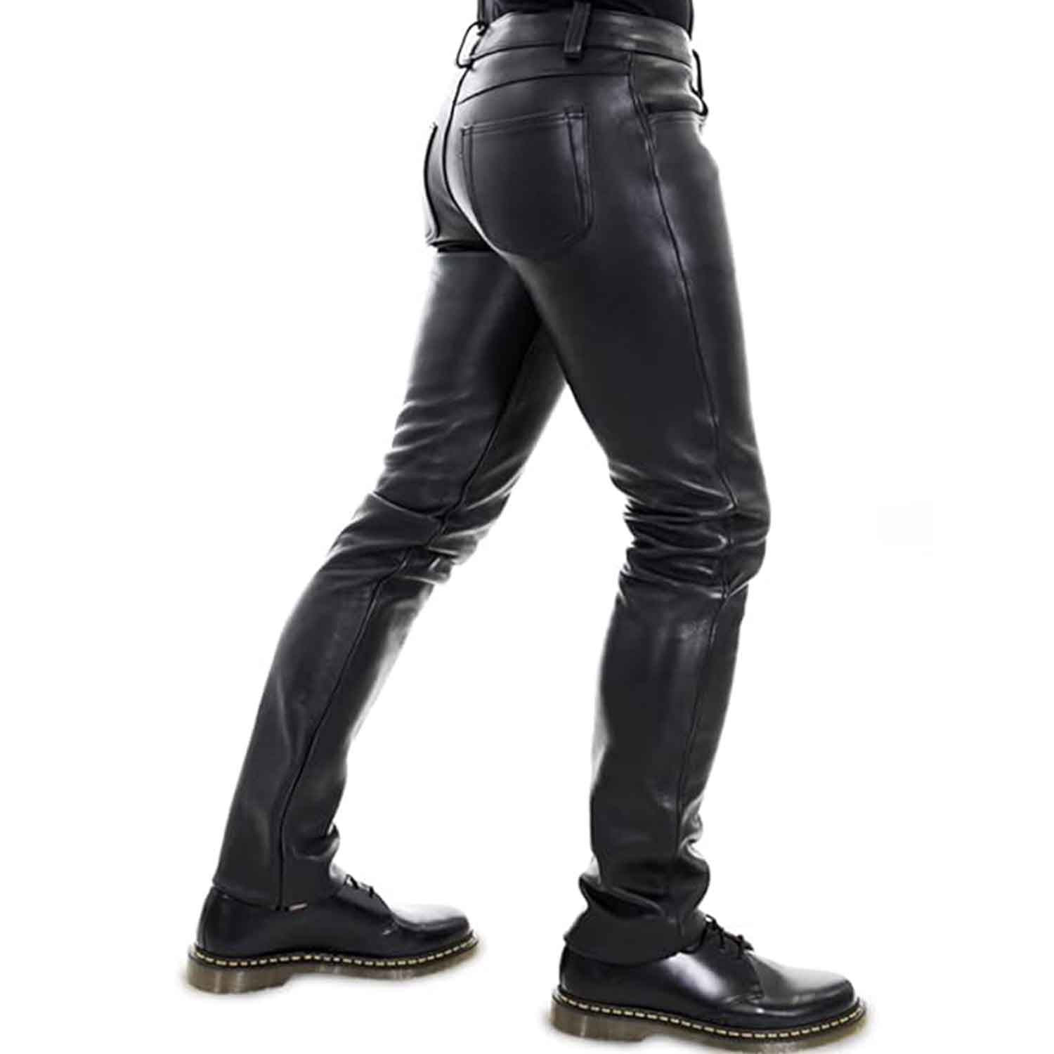 Black leather pants shown on a model from the back, paired with black leather boots, against a plain white background.