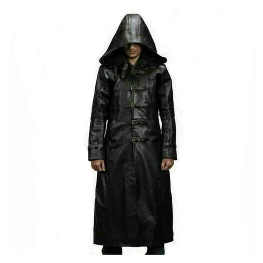 Abrigo Trench Steampunk Gótico Matrix para Hombre con Capucha de Piel de Vacuno Negra Huntsman