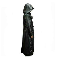 Mens Huntsman Black Hooded Cowhide Leather Steampunk Goth Matrix Trench Coat