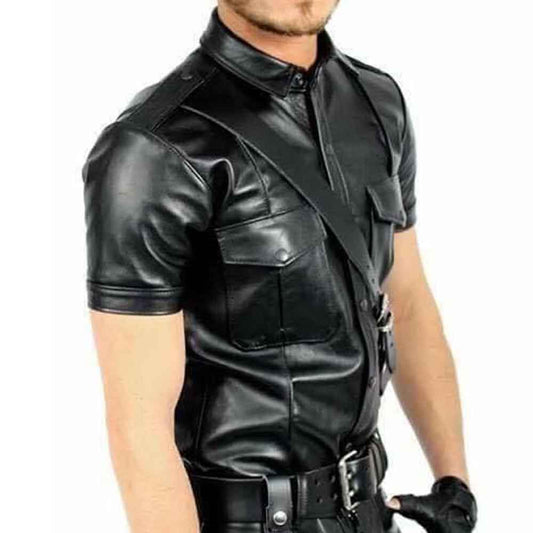 Camisa de cuero de napa de cordero para hombre, estilo policía, negra, Cuir Bluf Lederhemd Lederharren Bikers
