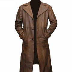 Abrigo largo de cuero genuino gabardina impermeable para hombre, estilo envejecido
