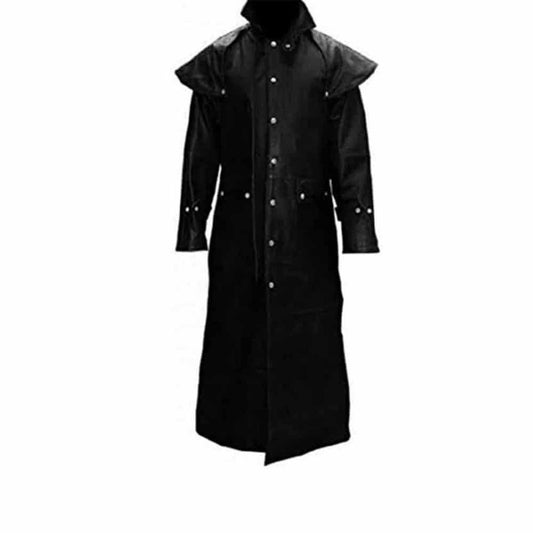 Gabardina larga para hombre de cuero auténtico negro estilo Duster, para montar, cazar o Steampunk T7
