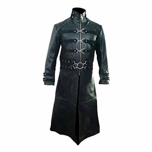 Abrigo Largo de Piel Auténtica Negra para Hombre Gótico Matrix Steampunk Gótico Van Helsing T21