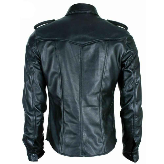 Camisa de piel negra auténtica para hombre estilo policía militar BLUF de manga larga