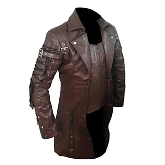 Gabardina gótica Steampunk de piel marrón auténtica para hombre T18 MARRÓN