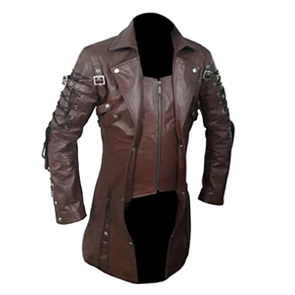 Gabardina gótica Steampunk de piel marrón auténtica para hombre T18 MARRÓN
