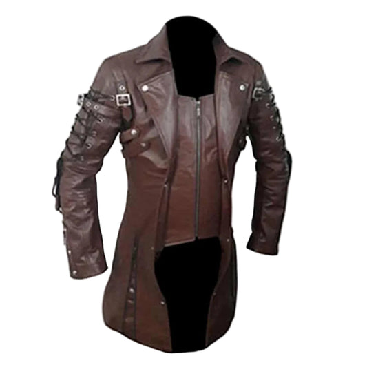 Gabardina gótica Steampunk de piel marrón auténtica para hombre T18 MARRÓN