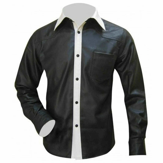 Camisa de hombre a medida de cuero napa de oveja auténtico de manga larga BLUF en dos tonos blanco y negro