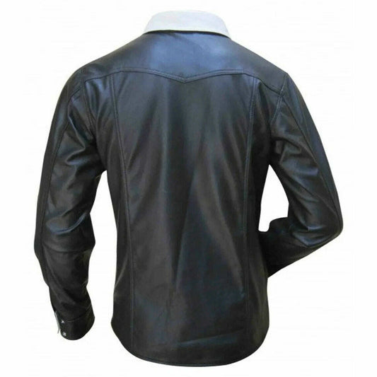 Camisa de hombre a medida de cuero napa de oveja auténtico de manga larga BLUF en dos tonos blanco y negro