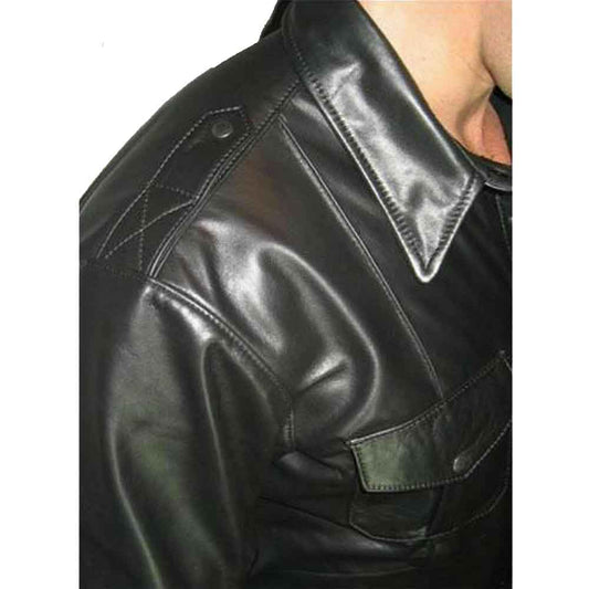 Camisa de cuero genuino para hombre, manga larga, estilo policía BLUF