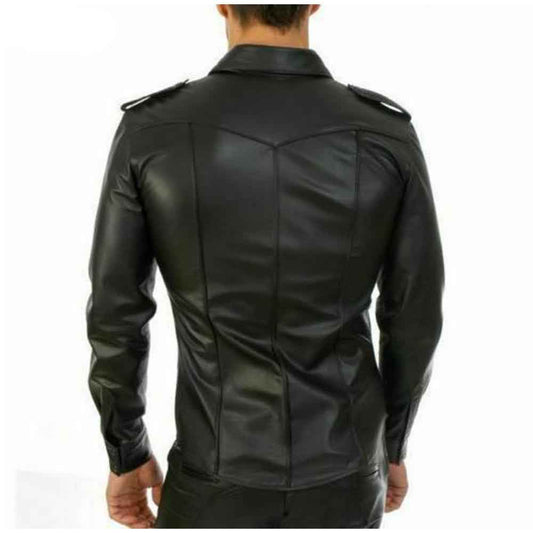 CAMISA GAY DE HOMBRE DE CUERO AUTÉNTICO NEGRO ESTILO MILITAR POLICIAL BLUF MANGA LARGA