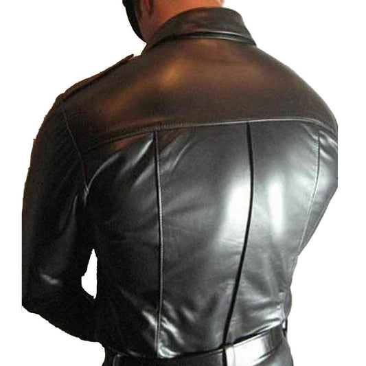 Camisa de cuero genuino para hombre, manga larga, estilo policía BLUF