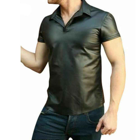 Camisa Polo de Manga Corta de Cuero de Cordero Genuino para Hombre con Opción de Ribetes
