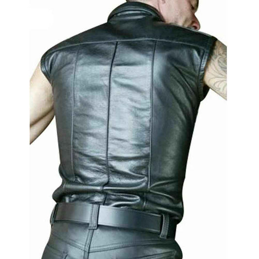 Camisa de manga corta de uniforme de policía de cuero genuino vacuno para hombre EN 3 COLORES con ribetes