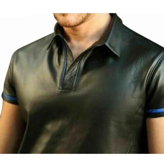 Camisa Polo de Manga Corta de Cuero de Cordero Genuino para Hombre con Opción de Ribetes