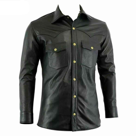 Camisa de cuero de cordero auténtico para hombre, estilo militar de policía, negra, BLUF, gay, la mayoría de las tallas