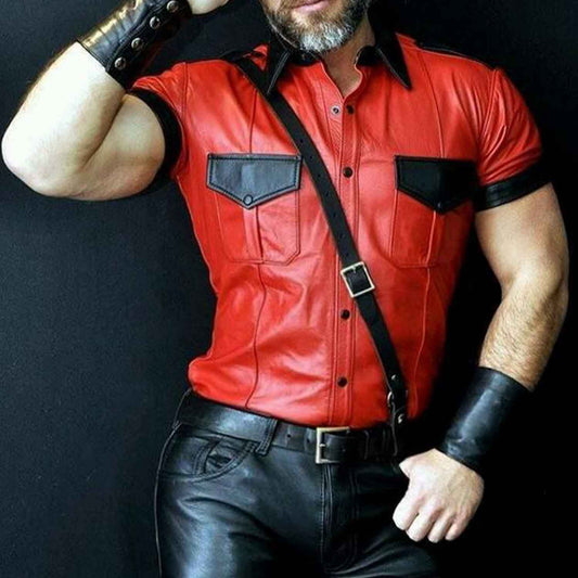 Camisa de motorista de cuero genuino para hombre estilo policía en contraste rojo y negro