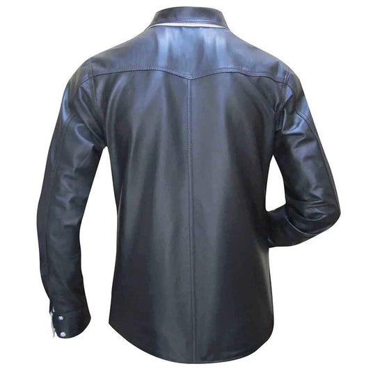 Camisa de piel auténtica de napa de oveja de manga larga BLUF a medida con diseño bicolor en blanco y negro para hombre