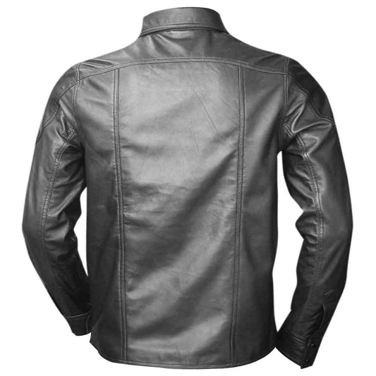 Camisa BLUF de cuero genuino napa de oveja negra de manga larga para hombre con dos bolsillos de solapa